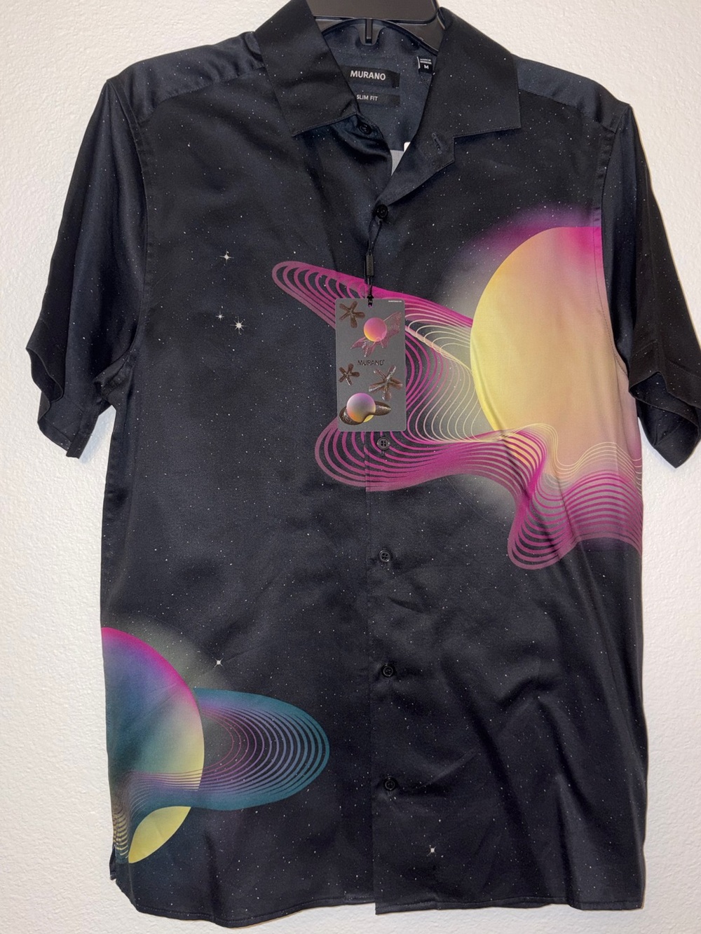 Murano Mens Celestial Galaxy Planet Short Sleeve Shirt NWT M